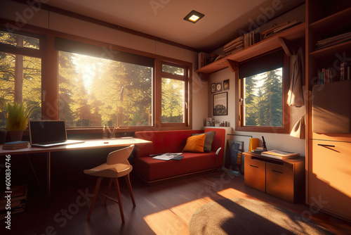 A living room filled with furniture and a window. Tiny house, wooden cabin interior, generative AI.