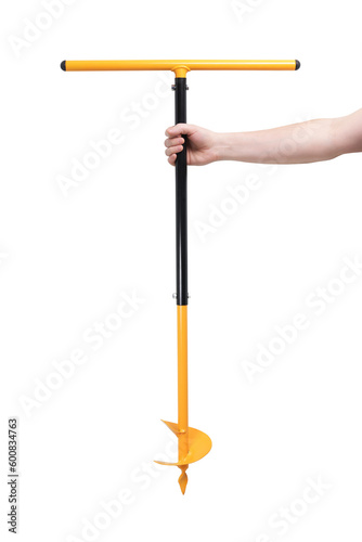 Hand holding a garden drill on a white background for drilling.Hand held ground drilling equipment.