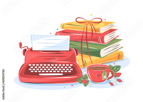 Books, vintage typewriter, cup tea with flowers and strawberries. Design elements for bookstore, festival or advertising. Vector illustration
