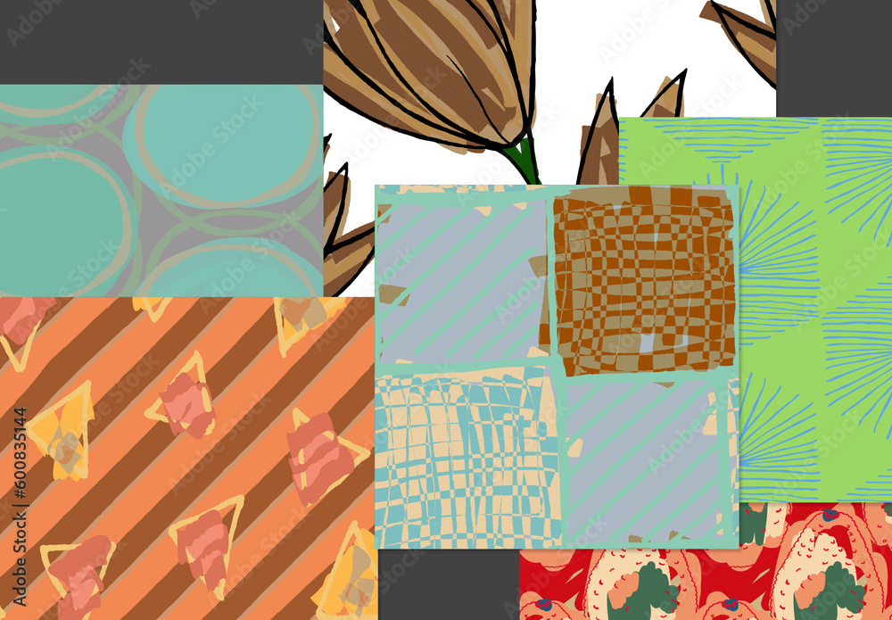 Seamless Pattern Set with Hand Drawn Floral Elements Stock Template ...