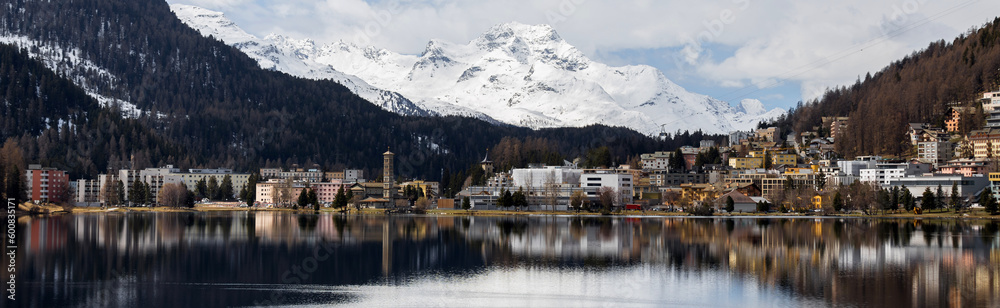 famous swiss town st moritz in the alps panorama