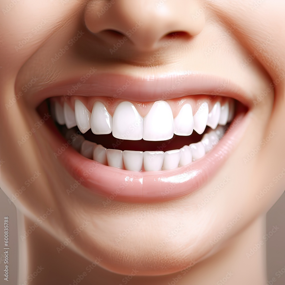 Close up cropped half face portrait of attractive, nude, natural, perfect, ideal girl with healthy white teeth isolated on beige background, perfection, wellness, wellbeing. Generative Ai. Close up cropped half face portrait of attractive, nude, natural, perfect, ideal girl with healthy white teeth isolated on beige background, perfection, wellness, wellbeing. Generative Ai.