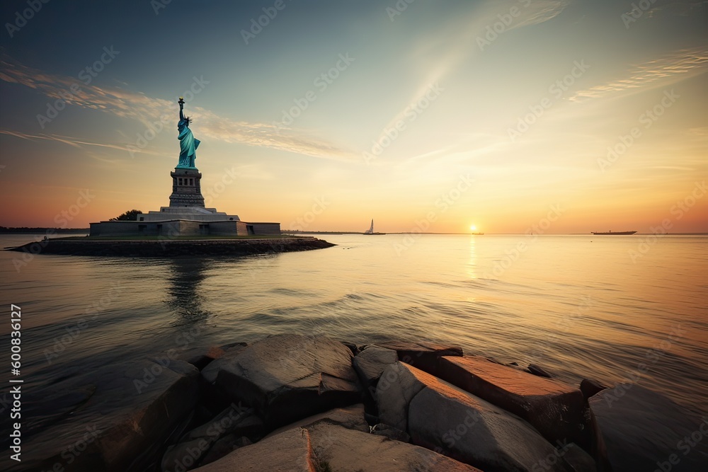 Fototapeta premium The Statue of Liberty free of tourists and New York City Downtown. Generative Ai.