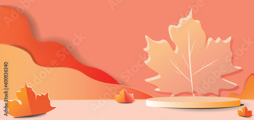Product banner, podium platform with leaves, For products display presentation, vector illustration