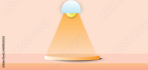 Cylinder podium on luxury orange abstract background with spotlight. 3d Paper cut abstract minimal geometric shape template. Vector illustration.