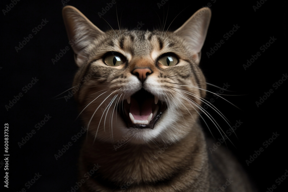 Portrait of a screaming cat. Surprised cat with open mouth meowing and asking for something. Generated AI.