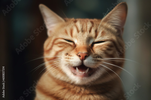 Funny cat laughing. Happy and kind relaxed kitten face with happy satisfied smile. Generated AI.