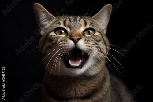 Portrait of a screaming cat. Surprised cat with open mouth meowing and asking for something. Generated AI.