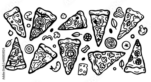 A set of different types of pizza slices. Banner hand drawing, sketch