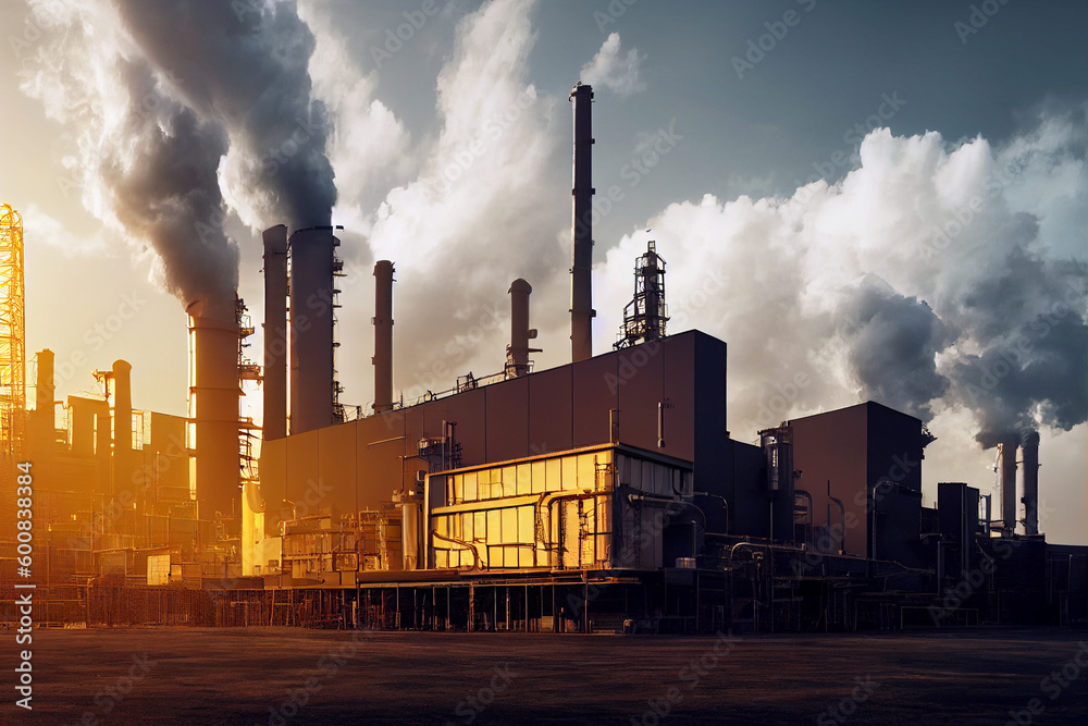 Modern industrial plant, production manufacturing factory with smoking chimneys causing pollution illustration, generative ai