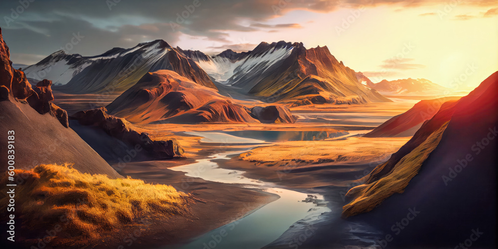 landmannalaugar national park amazing scenery at sunset in Iceland, Landscape concept, Generative AI