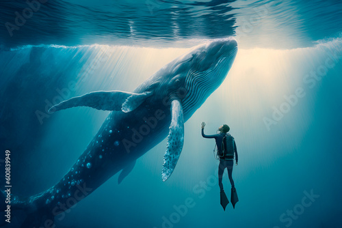 Brave diver floats alongside a magnificent whale  capturing a moment of awe-inspiring beauty in the deep sea. Generative AI