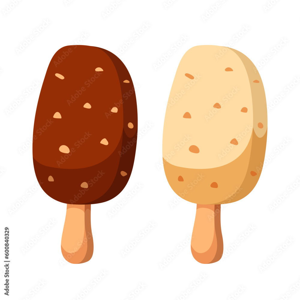 Ice cream stick. Chocolate popsicle on a stick. Ice cream covered with milk and white chocolate. Vector clipart. Ice cream stick. Chocolate popsicle on a stick. Ice cream covered with milk and white chocolate. Vector clipart.