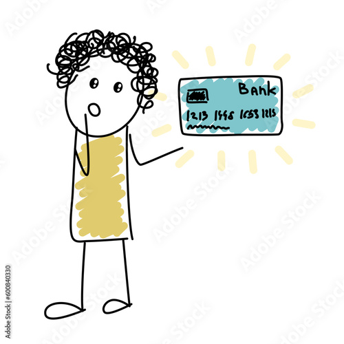 Doodle cartoon funny character studying bank card and contactless payment