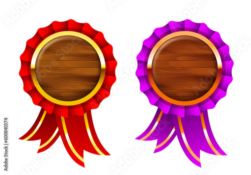 Medals with wooden and gold elements. Vector clipart.