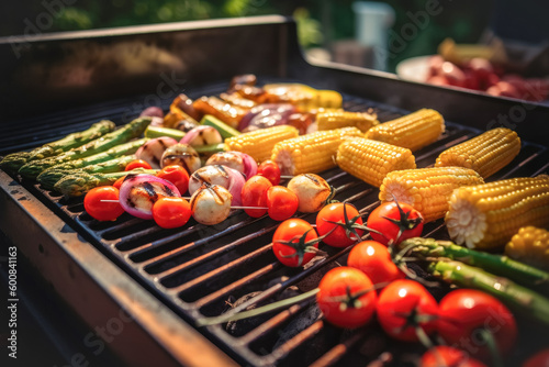 Various vegetables are baked onbarbecue grill on grill, outdoors, selective focus. May holidays, of vegetarian vegetable barbecue Generative AI