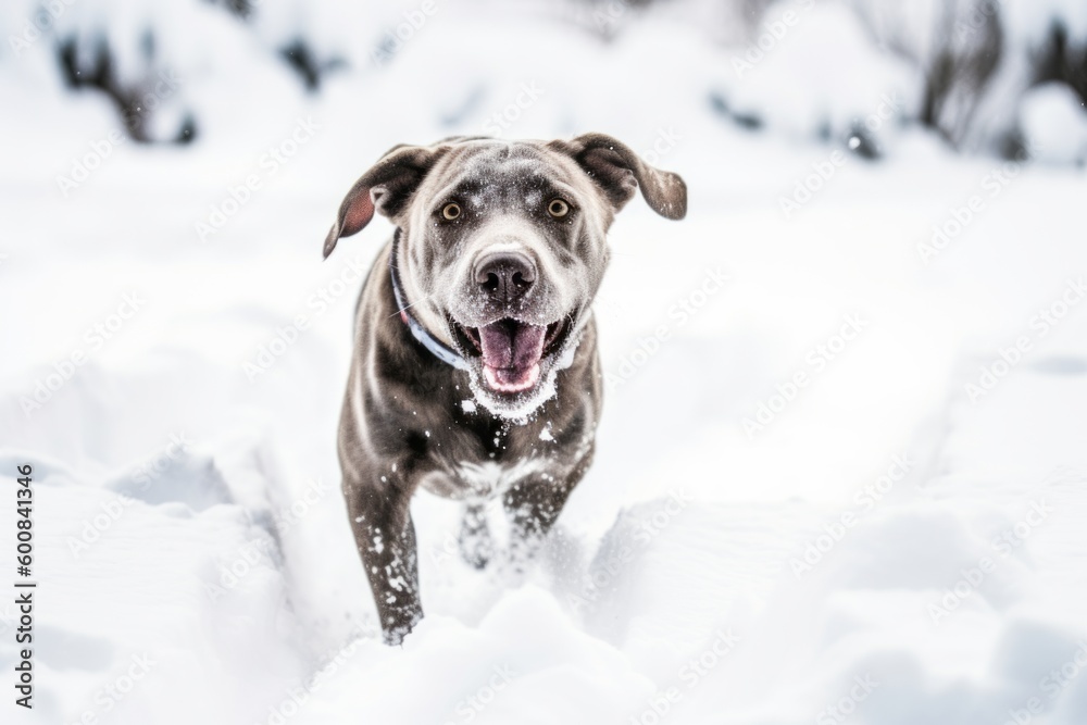 Lifestyle portrait photography of a curious labrador retriever playing in the snow against a white background. With generative AI technology