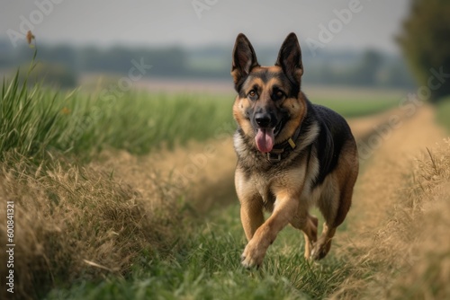 Full-length portrait photography of an aggressive german shepherd having a paw print against open fields and meadows background. With generative AI technology