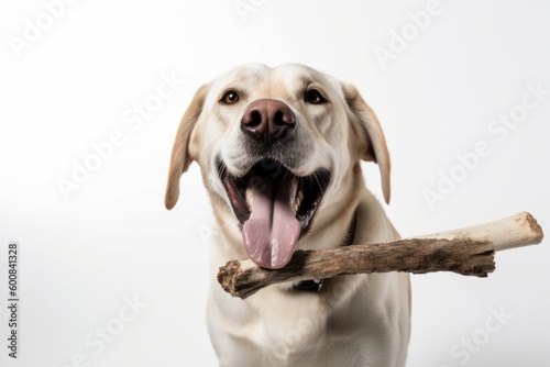 Environmental portrait photography of a happy labrador retriever holding a bone in its mouth against a white background. With generative AI technology