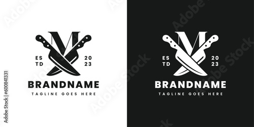 Letter M Double Knife Logo, Suitable for any business related to knife with M initial.