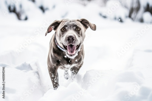 Lifestyle portrait photography of a curious labrador retriever playing in the snow against a white background. With generative AI technology