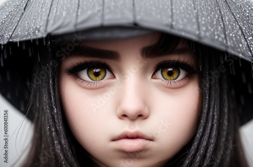 A handsome, drenched girl in the rain in metropolis center. Generative AI.