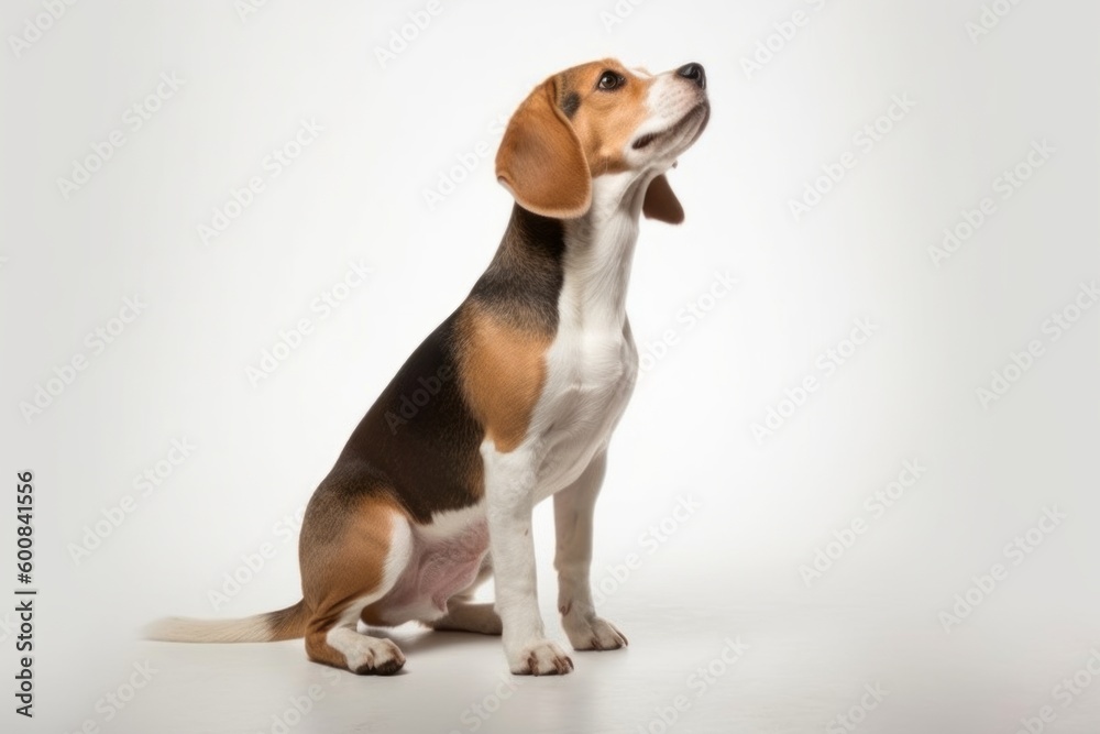 Medium shot portrait photography of a curious beagle scratching the body against a white background. With generative AI technology