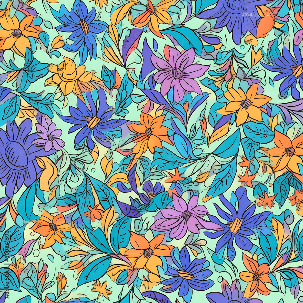 Watercolor seamless floral pattern with bright colorful flowers and leaves, Generative AI