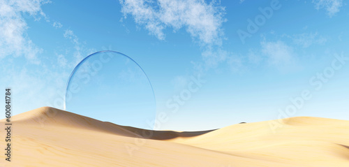 3d render Surreal pastel landscape background with geometric shapes, abstract fantastic desert dune in seasoning landscape with arches, panoramic, futuristic scene with copy space, blue sky and cloudy