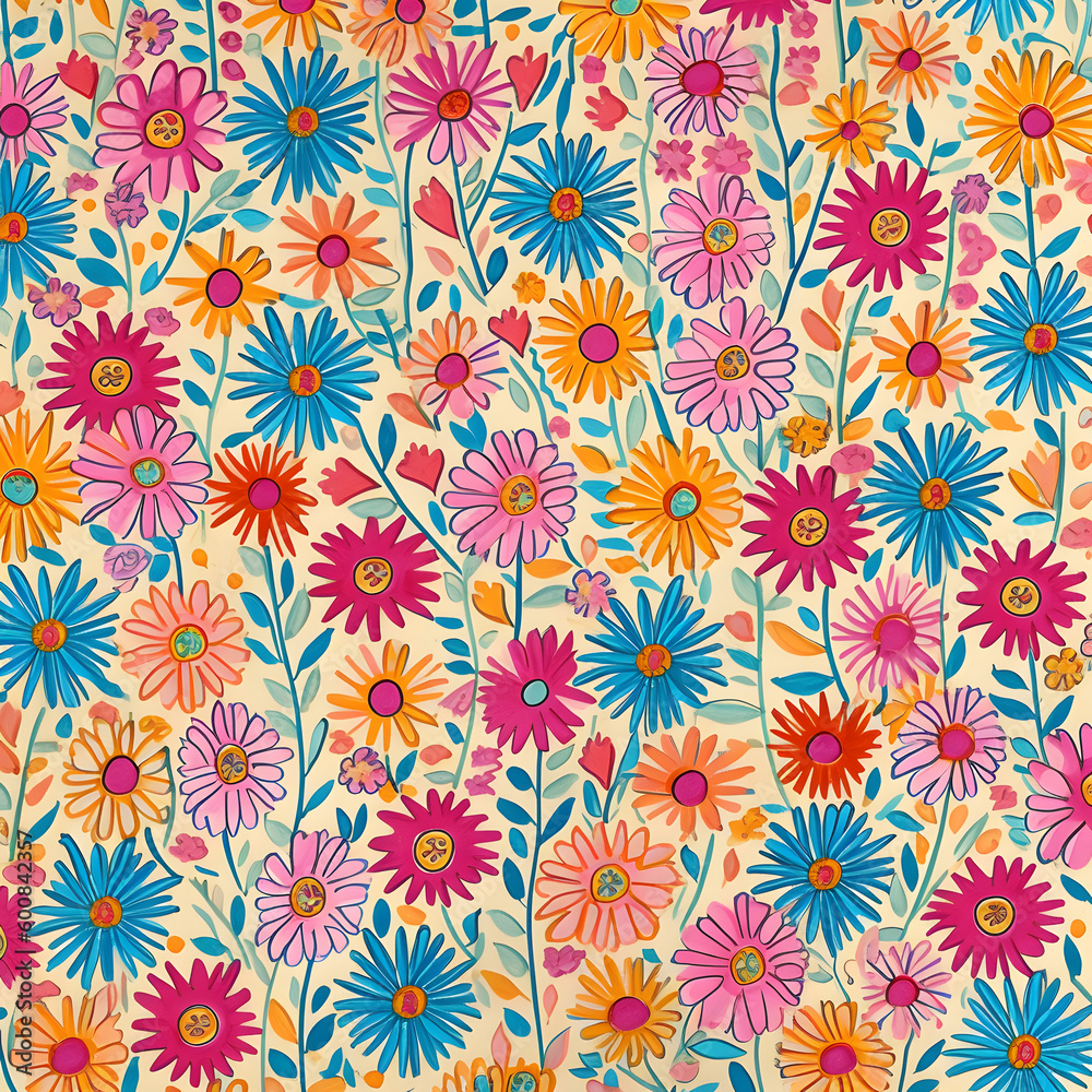 Watercolor seamless floral pattern with bright colorful flowers and leaves, Generative AI