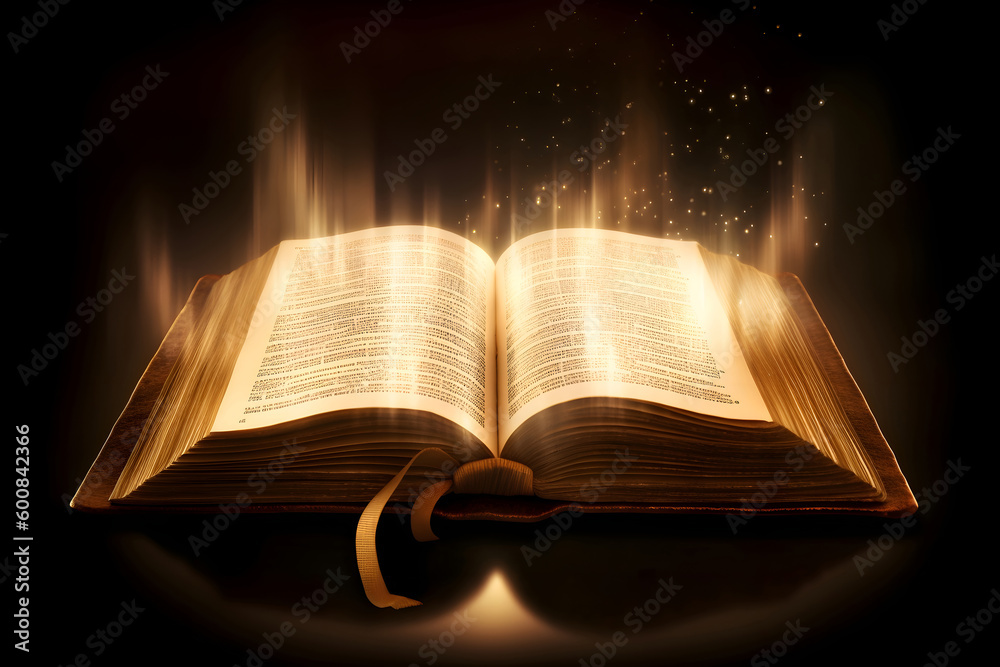 Fototapeta premium Shining Holy Bible - Ancient Book banner, illuminated message