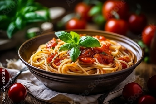 Spaghetti alla Amatriciana with pancetta bacon, tomatoes, bean and pecorino cheese