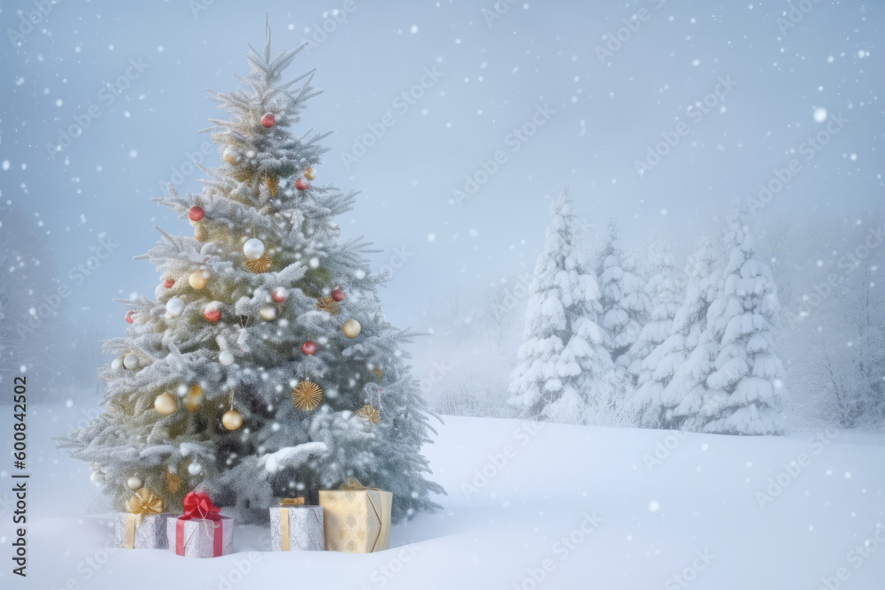 Beautiful decorated christmas tree with present boxes in a winter landscape with snow. Generative AI
