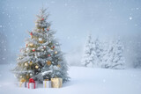 Beautiful decorated christmas tree with present boxes in a winter landscape with snow. Generative AI