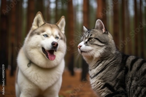 Medium shot portrait photography of an aggressive siberian husky being with a pet cat against a forest background. With generative AI technology