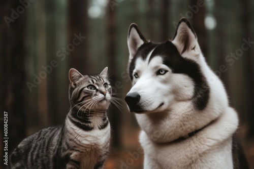 Medium shot portrait photography of an aggressive siberian husky being with a pet cat against a forest background. With generative AI technology