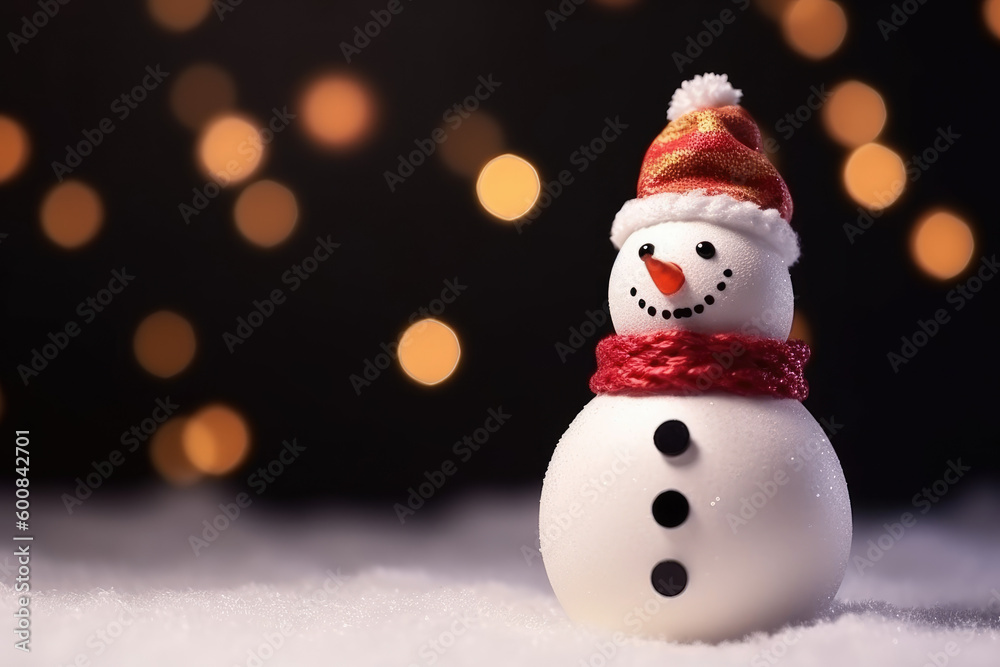 Merry christmas and happy new year greeting card with copy space.Happy snowman standing in winter christmas landscape.Snow background. Generative AI