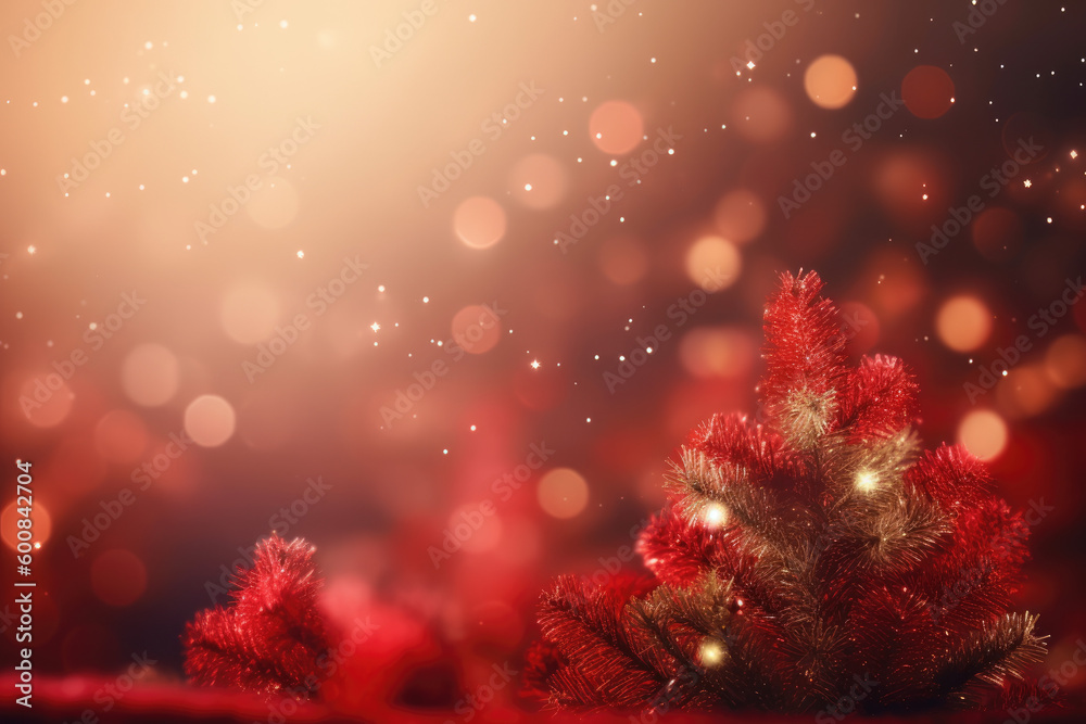 Naklejka premium Abstract red background with Christmas tree and decorations. Generative AI