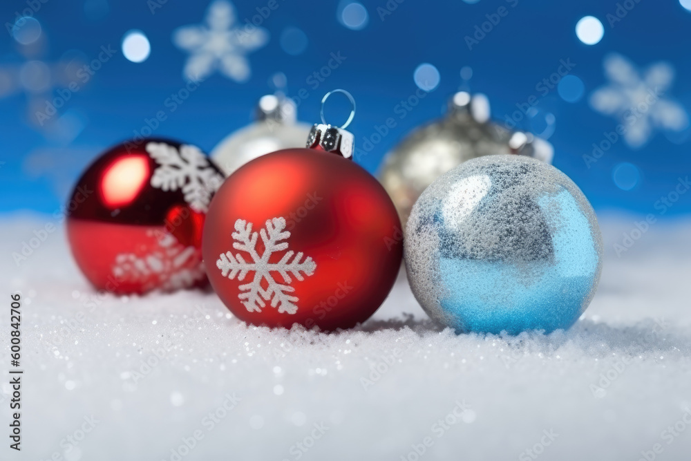 Christmas scene with snow christmas balls with bokeh lights in background. Generative AI Christmas scene with snow christmas balls with bokeh lights in background. Generative AI