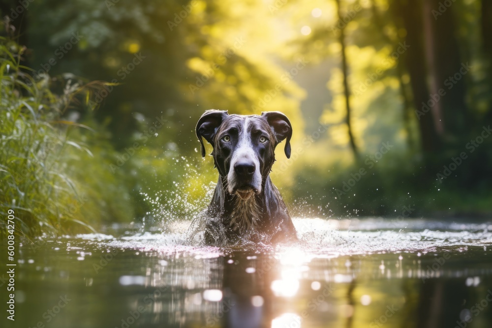 Medium shot portrait photography of a happy great dane swimming against a forest background. With generative AI technology