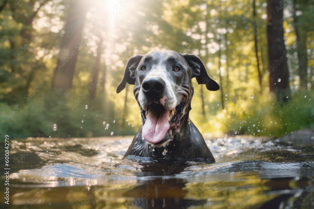 Medium shot portrait photography of a happy great dane swimming against a forest background. With generative AI technology Medium shot portrait photography of a happy great dane swimming against a forest background. With generative AI technology