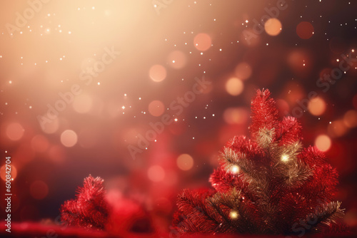 Abstract red background with Christmas tree and decorations. Generative AI