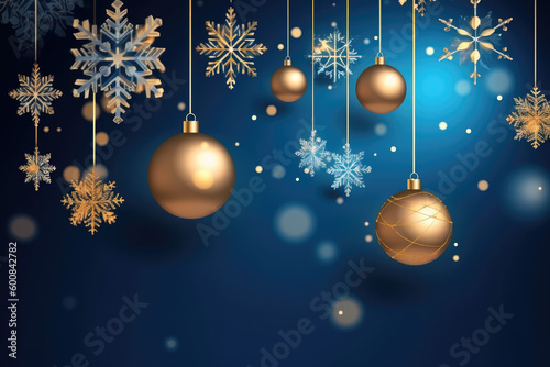 Beautiful greeting card  gift card or invitation card for Merry Christmas with balls on shiny snowflakes background. Generative AI