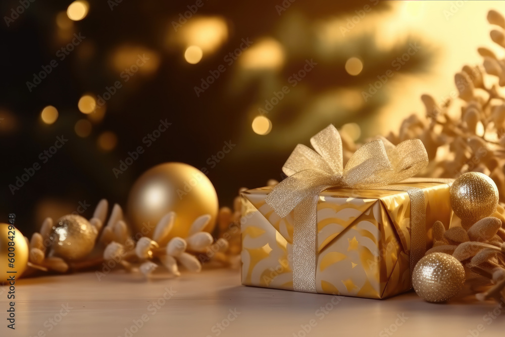 Christmas composition of Christmas tree toys on a blurred gold background. Generative AI Christmas composition of Christmas tree toys on a blurred gold background. Generative AI