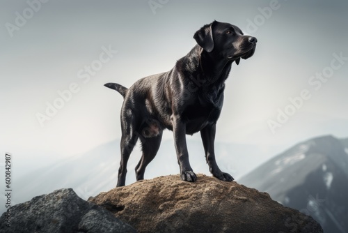 Full-length portrait photography of an aggressive labrador retriever being on a mountain peak against a minimalist or empty room background. With generative AI technology