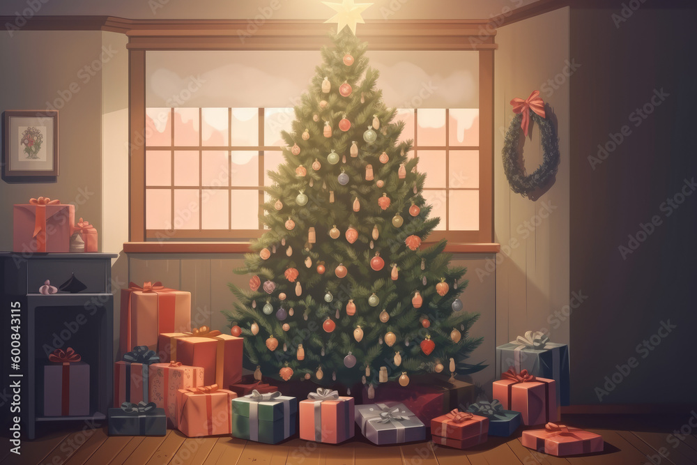festively decorated home interior with Christmas tree background. Generative AI festively decorated home interior with Christmas tree background. Generative AI
