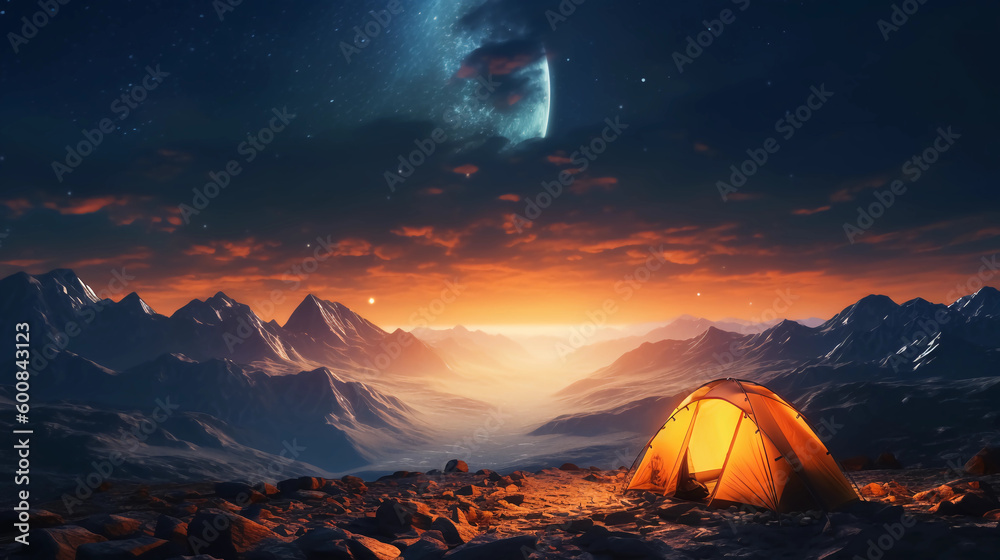 Lonely orange camping tent on top of mountain with amazing sunrise on background. Time spending on fresh air, generative ai