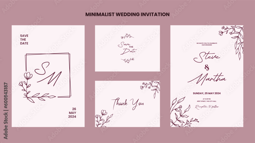 A set of Minimalist wedding invitation template with hand drawn flowers and leaves decoration