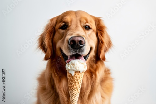 Fotografiet Medium shot portrait photography of a curious golden retriever licking an ice cream cone against a minimalist or empty room background