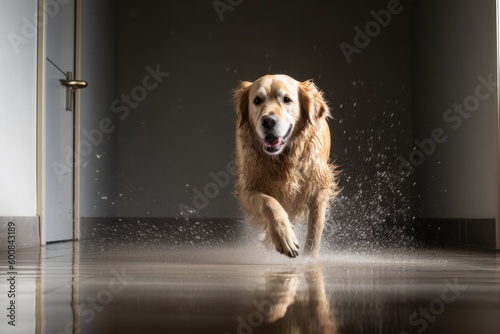 Group portrait photography of an aggressive golden retriever shaking off water after swimming against a minimalist or empty room background. With generative AI technology
